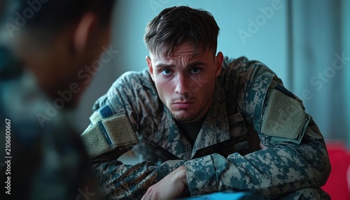 Tapety artystyczne soldier in digital camouflage uniform leaning on a table indoors looking exhausted and contemplative with a blurred comrade in the foreground
