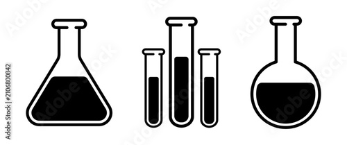Photos Science laboratory glassware icon set including Erlenmeyer flask, test tubes, an