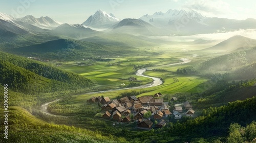 Picturesque summer mountain village nestled between high peaks with a winding river flowing through green valleys
