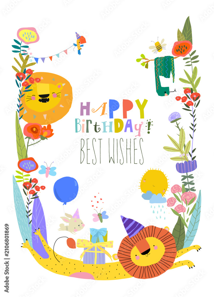 Naklejka premium Cute Funny Animals celebrating Birthday