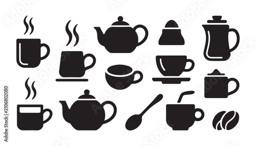 Obraz na plátně Collection of kitchenware icons including coffee cups teapots sugar bowl spoon and roasted coffee beans set
