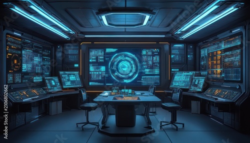 Empty futuristic command center with central holographic circular display, multiple monitors and consoles, swivel chairs and blue ambient lighting conveying tense high-tech focus
