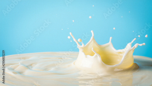 Bild auf Leinwand Milk splash crown in a bowl with blue background, refreshing dairy drink