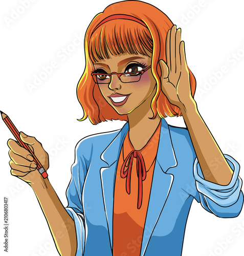 Female Teacher Listening with Hand Behind Ear Holding Pencil Cartoon Character Vector