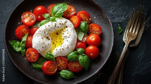 creamy burrata with olive oil, cracked pepper, cherry tomatoes and fresh basil on a dark plate, appetizing rustic starter