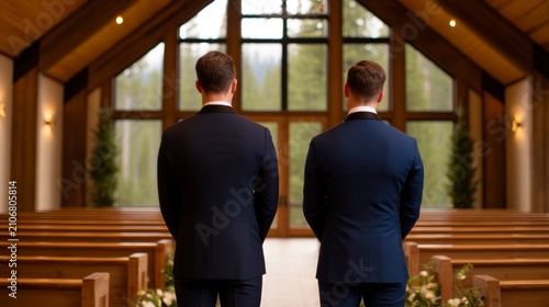 Same sex wedding celebration, Two men in dark suits stand at the altar inside a wooden chapel with large windows overlooking a forest.