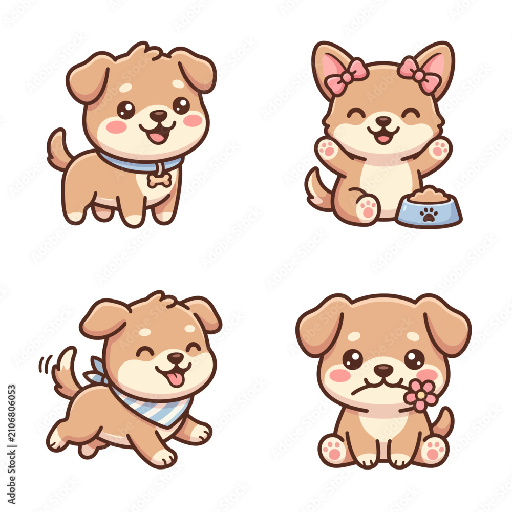 Fototapeta premium Adorable kawaii puppy dog characters in various poses.