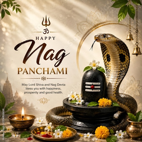 Happy nag panchami celebration with snake on shiva lingam panchami festival religious tradition spiritual blessing devotion celebration