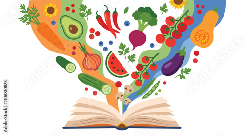 Healthy eating cookbook concept with fresh vegetables and fruits flying out of open book.
