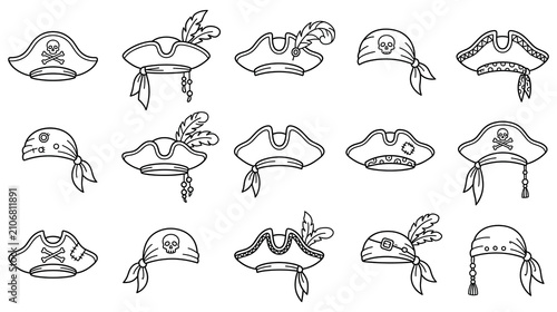 Konstfotografi Set of pirate hat icons in black and white doodle style for adventure theme decoration