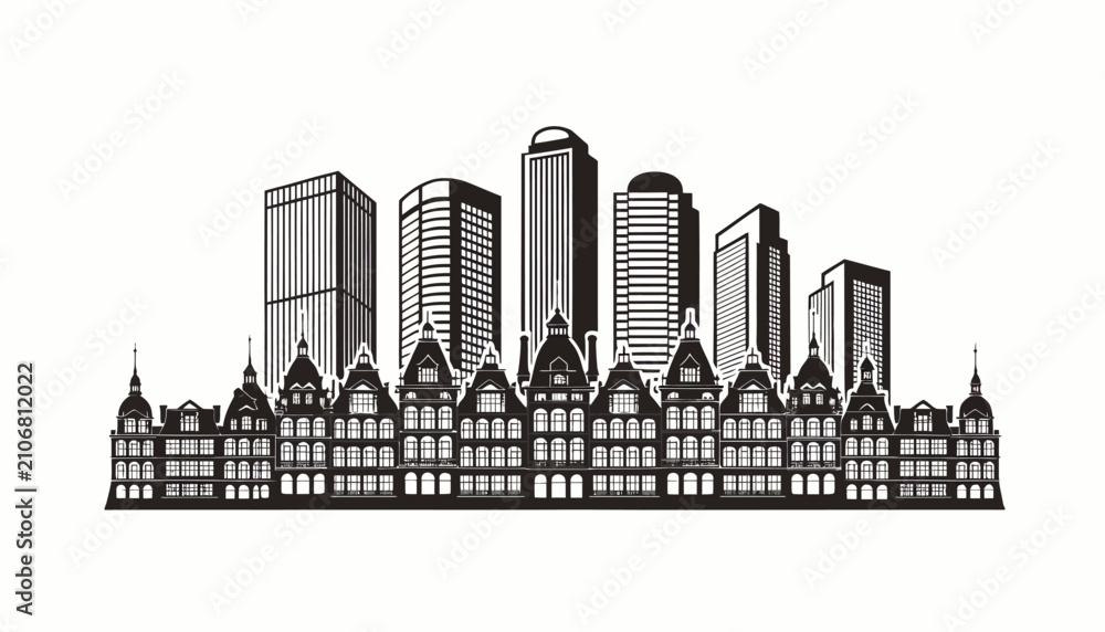 Obraz premium Architectural cityscape with historic old town and modern skyscrapers