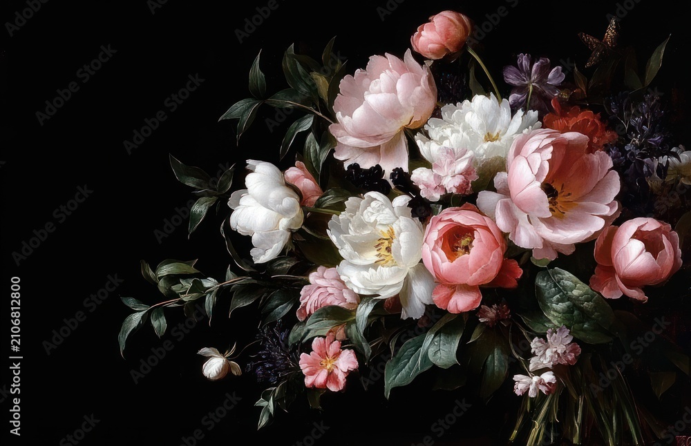 Fototapeta premium Lush bouquet of pink and white peonies with small purple blossoms and green leaves on a deep dark background, elegant and serene still life