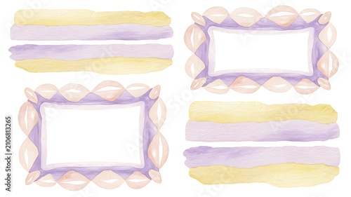 Whimsical watercolor background frames set with light yellow, violet stripes and pink diamond pattern. Perfect for backgrounds, stationery, packaging, Valentine's Day  