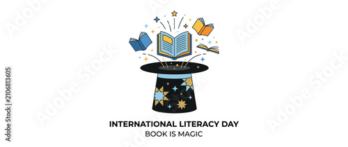 Bild auf Leinwand Magical hat conjuring books, celebrating literacy and imagination