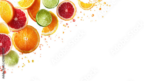 Fresh citrus slices with juice splash border arrangement isolated on transparent background