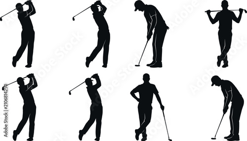 Obraz na płótnie Golf player silhouettes, professional golfer swinging club, putting ball, standing in various poses, isolated on white background, sports illustration