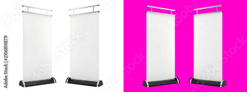 Two white roll up banner stands, blank advertising display mockups, isolated on a white background, 3d render, trade show exhibition equipment isolated on a transparent background