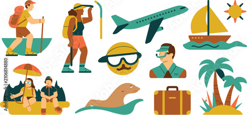 Assortment of flat design travel elements featuring people, transportation, and tropical vacation items