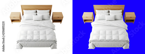 Konstfotografi View of a double bed with a white duvet, pillows, and wooden bedside tables on b