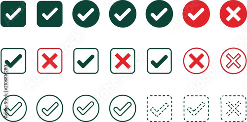 Tableau sur toile Green check mark and red cross icons, choice selection symbols, correct wrong buttons, checkbox ok cancel marks, voting