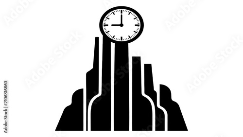 Foto Clock face atop a stylized urban skyline represents the importance of efficient time management