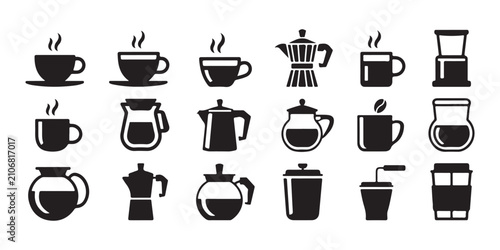 Schilderij op canvas Large collection of coffee icons including cups pots and grinders isolated on a transparent background set