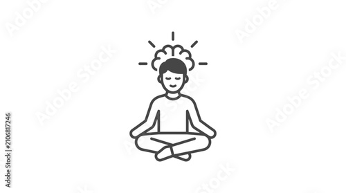 Person meditating with glowing brain icon above head, symbolizing ideas and focus