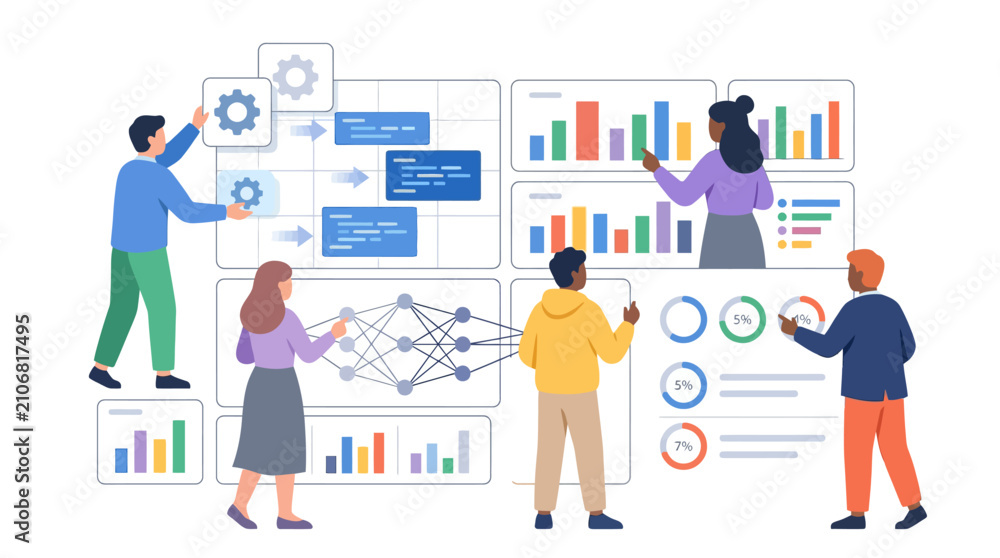 Fototapeta premium Diverse team analyzing data visualization and AI neural network for business insights and strategy