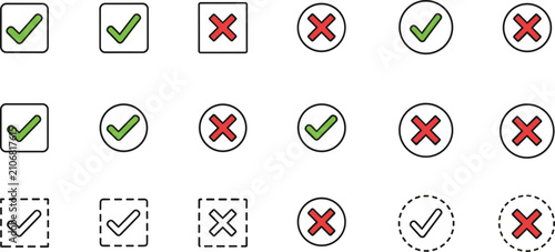 Schilderij op canvas Green check mark and red cross icons, tick and cancel symbols for vote, choice, test, feedback, survey, quality, correct