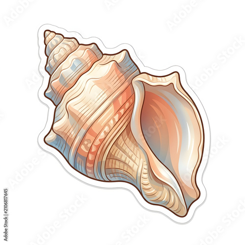 Beautiful Detailed Spiral Sea Shell Illustration with White Border Sticker Design for Summer and Ocean Themes