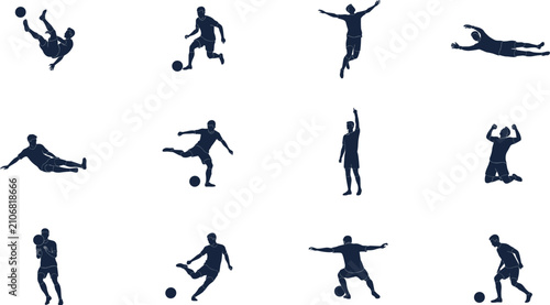 Foto Soccer Player Silhouette Icon Set with Football Athletes Kicking, Passing, Tackl