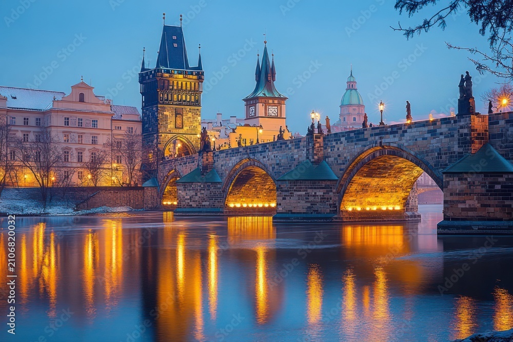 Fototapeta premium Historic stone arched bridge with illuminated towers spanning calm river at twilight, warm golden reflections, snow-dusted buildings and serene evening atmosphere