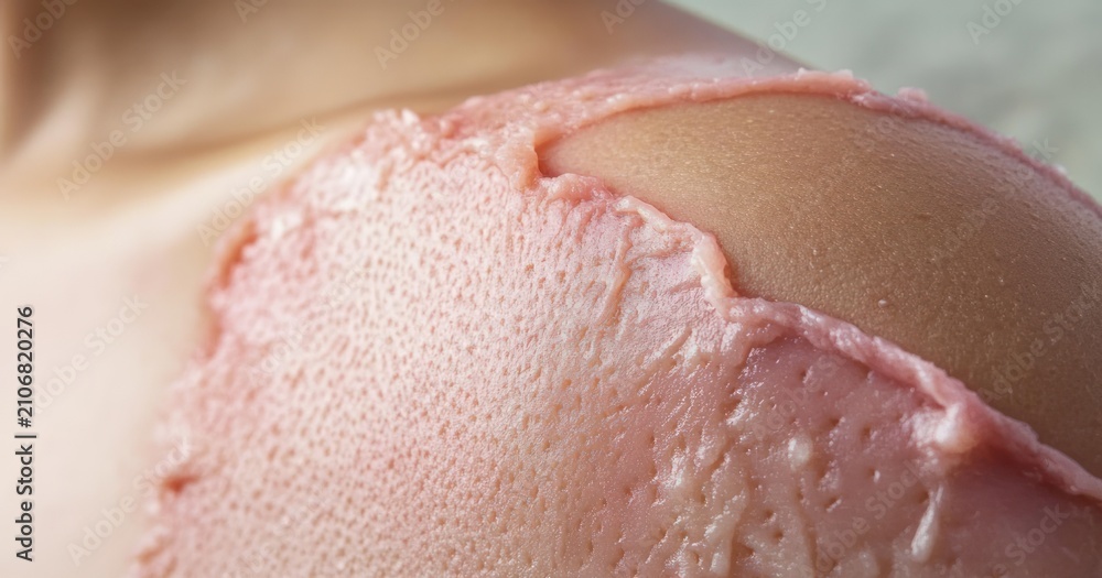 Fototapeta premium close-up of a bare shoulder with pink exfoliating cream spread across skin, textured body scrub conveying pampering and relaxed spa sensation