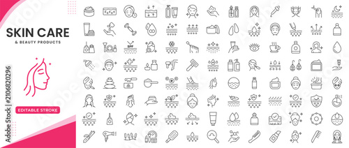 Skin care line icons set in editable stroke. Moisture cream, acid, anti wrinkle serum, ceramide, collagen, retinol compound, sunscreen vector illustration.