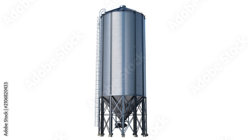 Isolated modern industrial metal grain silo for agricultural storage on a sturdy steel frame