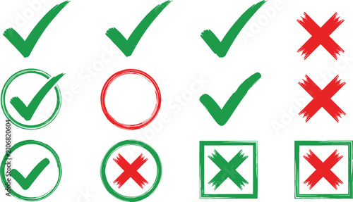 Foto Green check marks, red cross marks, brush stroke icons, tick symbols, x signs, yes no buttons, choice options, ok cancel elements, hand drawn graphics, correct wrong indicators