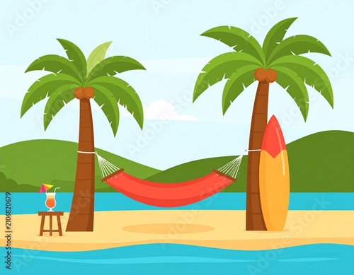 Tropical Beach Paradise with Hammock, Palm Trees and Surfboard Flat Vector Illustration
