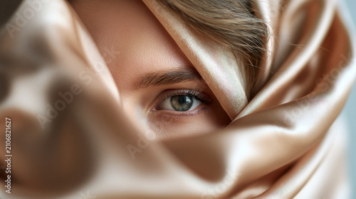 Partially veiled by flowing beige silk, an attractive woman creates an elegant skincare composition with only softly defocused eyes visible, beauty treatment, luxury cosmetics, smooth