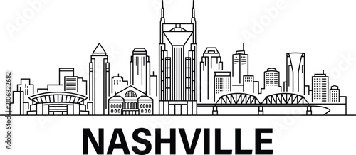 Nashville Tennessee Skyline Line Art Vector with Iconic Landmarks and Modern City Architecture