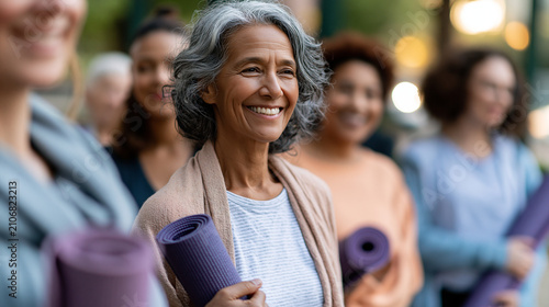 Gathered after an outdoor yoga session, a diverse multigenerational group of attractive women hold mats and share cheerful body language, faces softly defocused, female community,