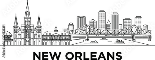 New Orleans Louisiana Skyline Line Art Vector with Iconic Landmarks and Riverfront Architecture