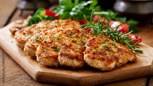 Golden brown pan fried pork cutlets or chicken breasts seasoned with herbs on a wooden cutting board, serving with fresh vegetables for a healthy meal