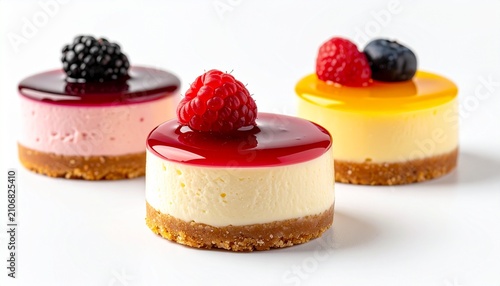 Three delicious mini cheesecakes with berry and fruit toppings on a white background.