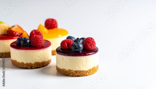 Mini fruit cheesecakes with glossy glaze, fresh berries, and graham cracker crust on a clean white background with copy space for text