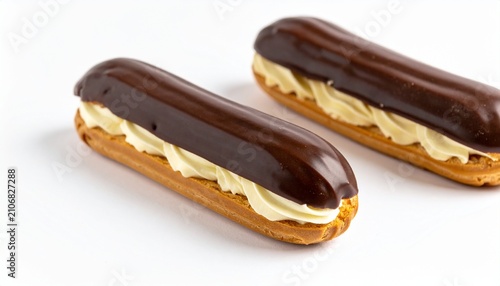Two delicious homemade chocolate eclairs filled with smooth pastry cream served on a clean white background