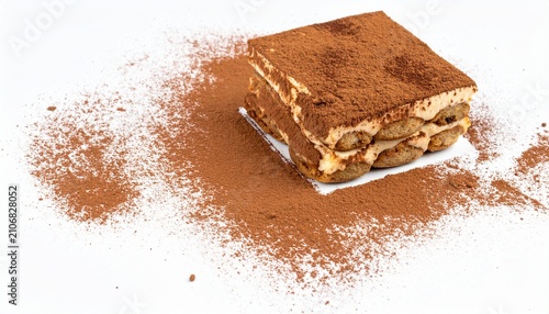 Delicious homemade tiramisu square cake dusted with cocoa powder on a white background with scattered powder