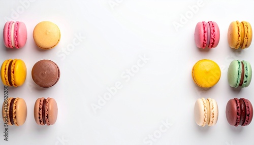 Colorful Assorted French Macarons Neatly Arranged in Two Vertical Rows on a Clean White Background with Plenty of Central Copy Space