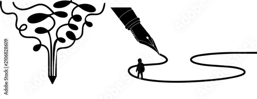 Creative writing concept illustration. Abstract pen drawing showing ideas and storytelling.