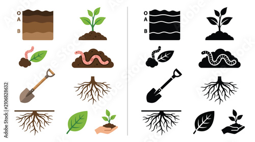 Obraz na płótnie Set of icons representing soil layers, plants, roots, worms, and gardening tools in both color and silhouette versions