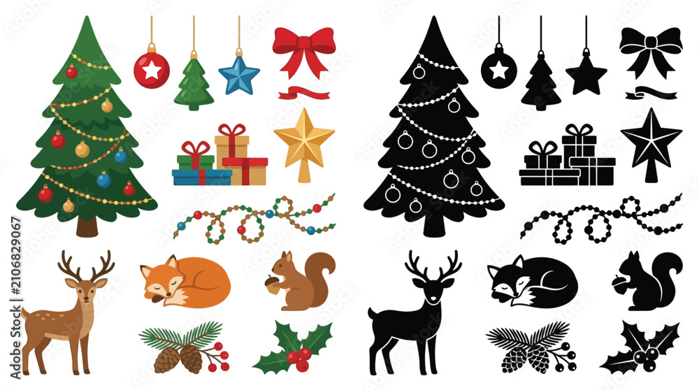 Naklejka premium Christmas Holiday Elements Collection with Colorful and Silhouette Designs.